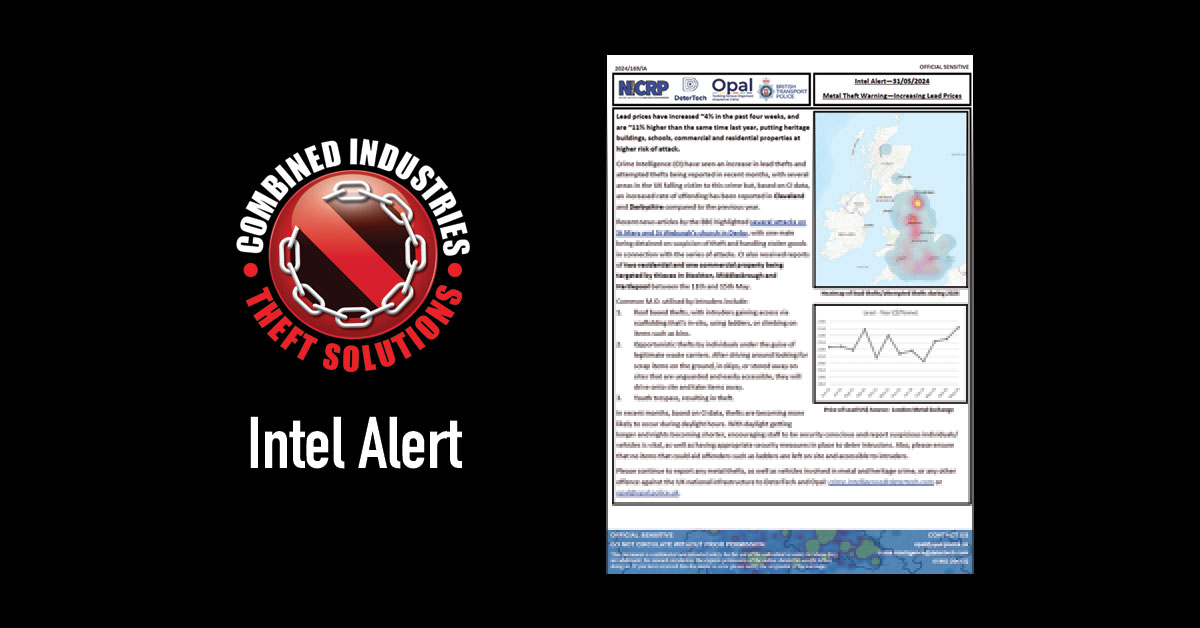 Intel Alert: Metal Theft Warning – Increasing Lead Prices – 31/05/2024